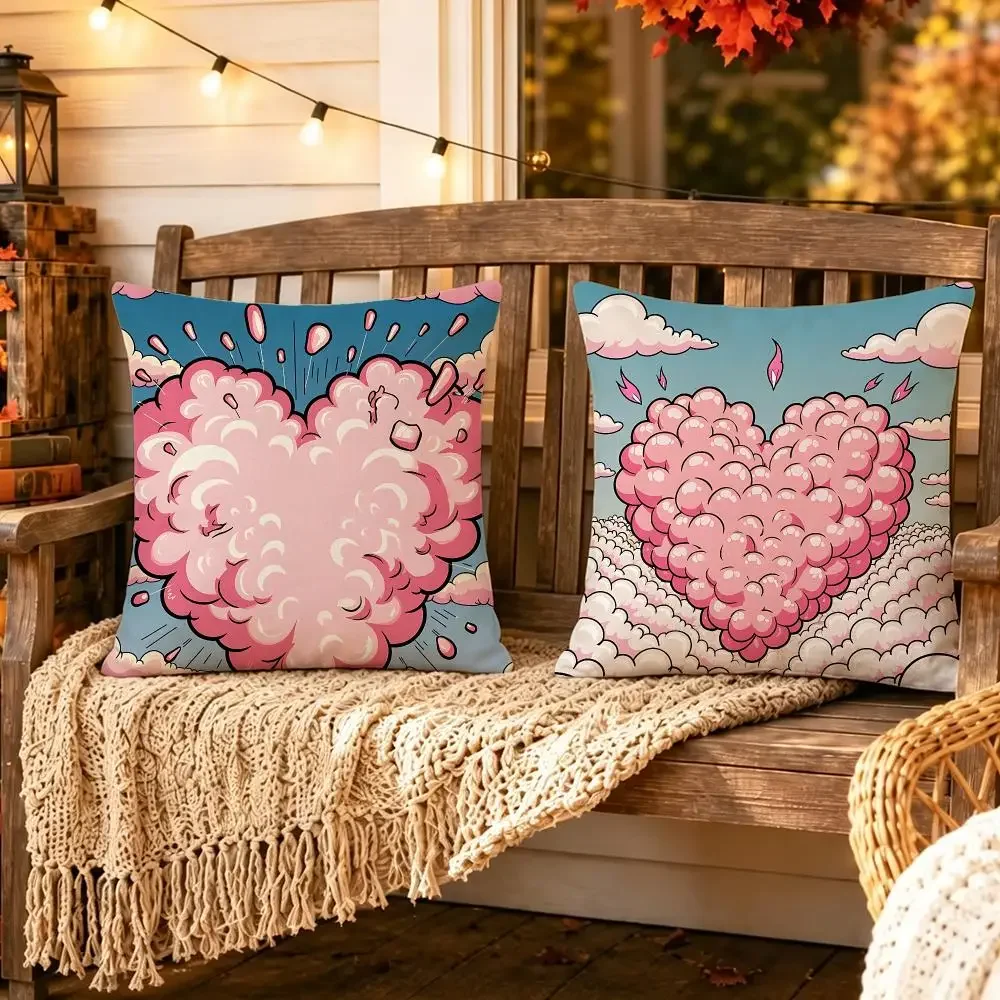Short Plush Pillow Cover Pop Art Pink Exploding Heart Print Cushion Case, Cartoon Cloud Love Graphic Throw Pillowcase, Sofa Home