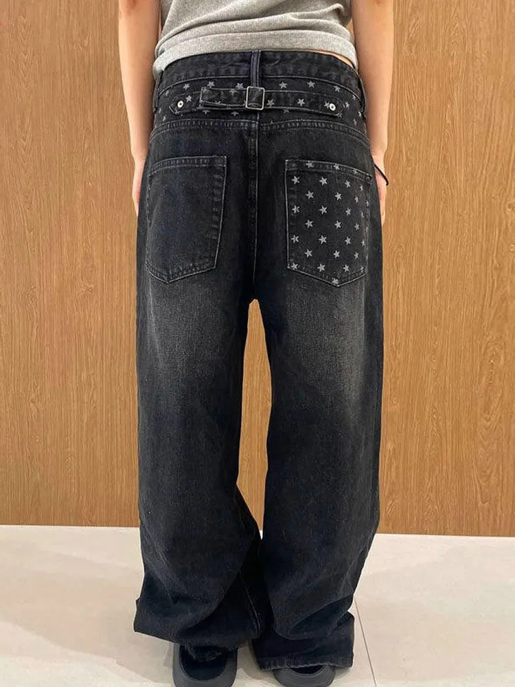 

Cute Star Pattern Denim Jeans Women's Casual Loose Fit Cotton Pants Spring Autumn Winter l Waist Button Closure