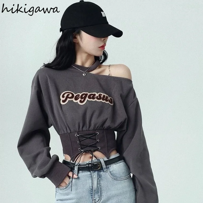 Hoodies Women Streetwear Fashion Tops Korean Clothes for Teens Long Sleeve Off Shoulder Bandage Pullovers Goth Y2k Sweatshirt