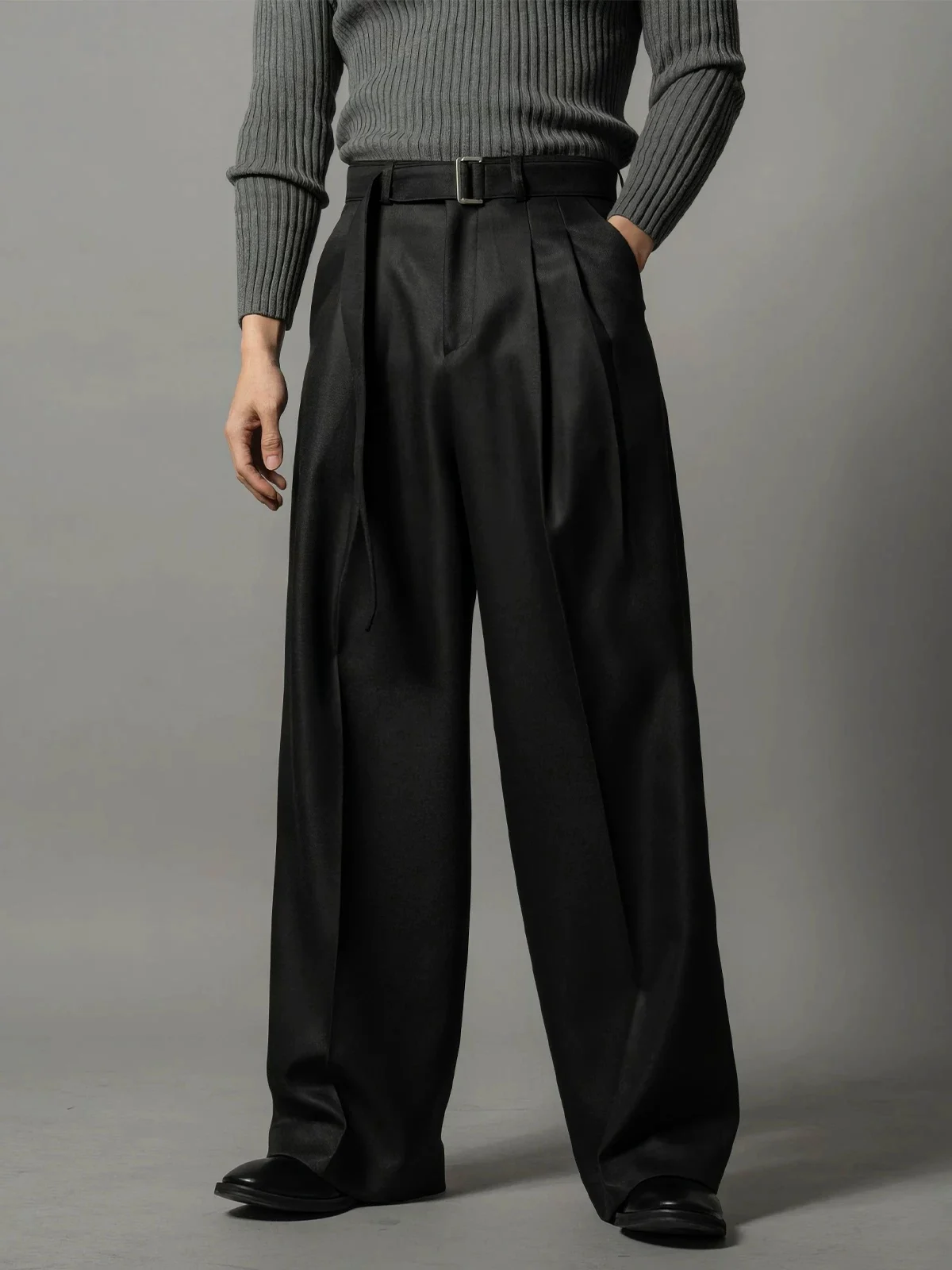 Adjustable Waist Belted Workwear Pants Men's Brown Loose Straight Leg Trousers Casual American Style Low Waist Zipper Fly