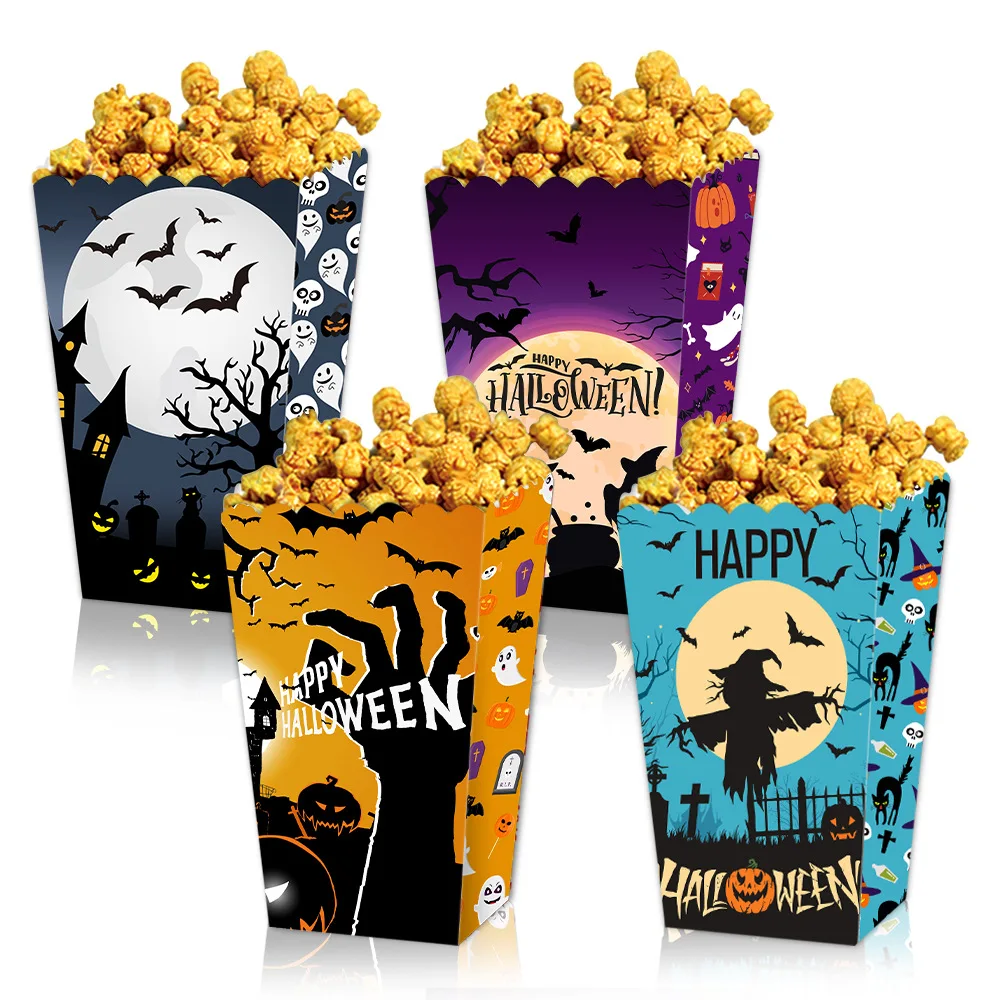 Popcorn Box for Halloween Party, Snack Box, Doces e Cookie Container, Decorado, Presente para Crianças e Adultos, Suprimentos Halloween, 8 unid