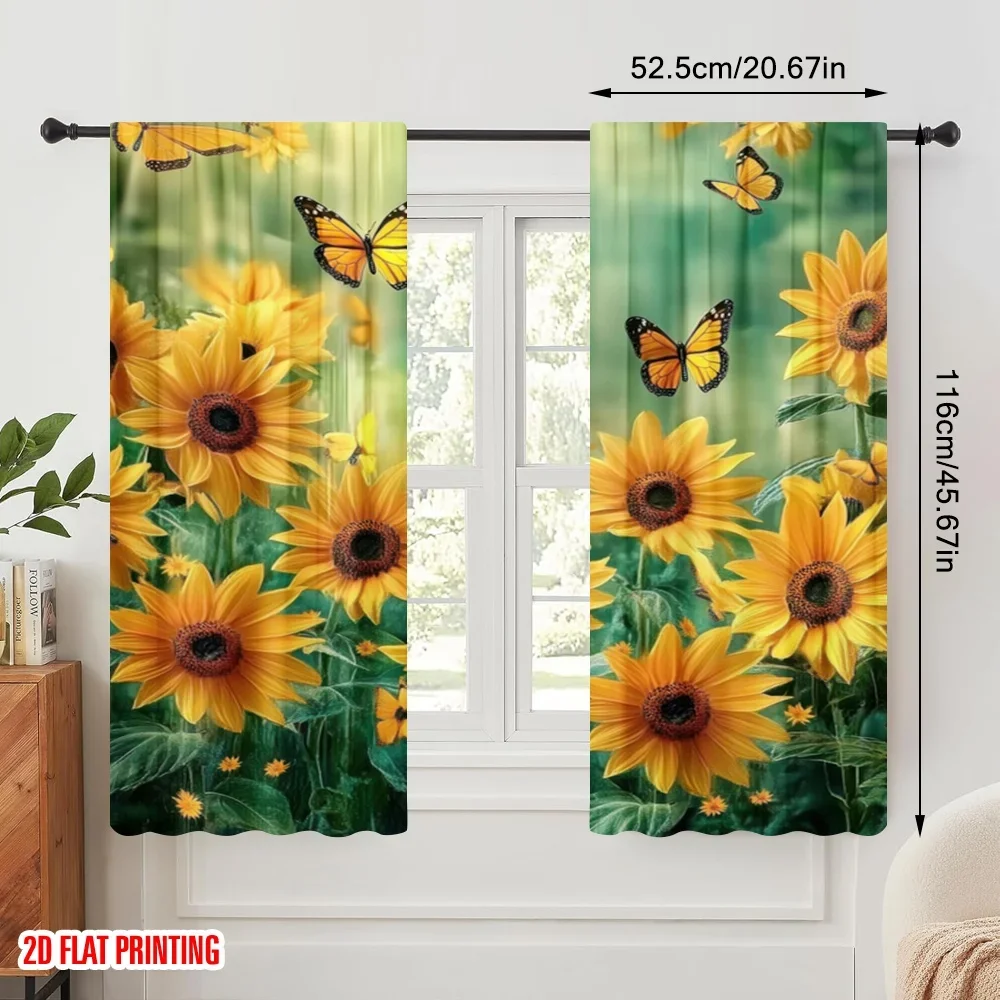 2pcs,2D plane printing Popular Curtain Panels Sunflower Symphony Versatile Polyester Fabric (without rod) All Seasons for