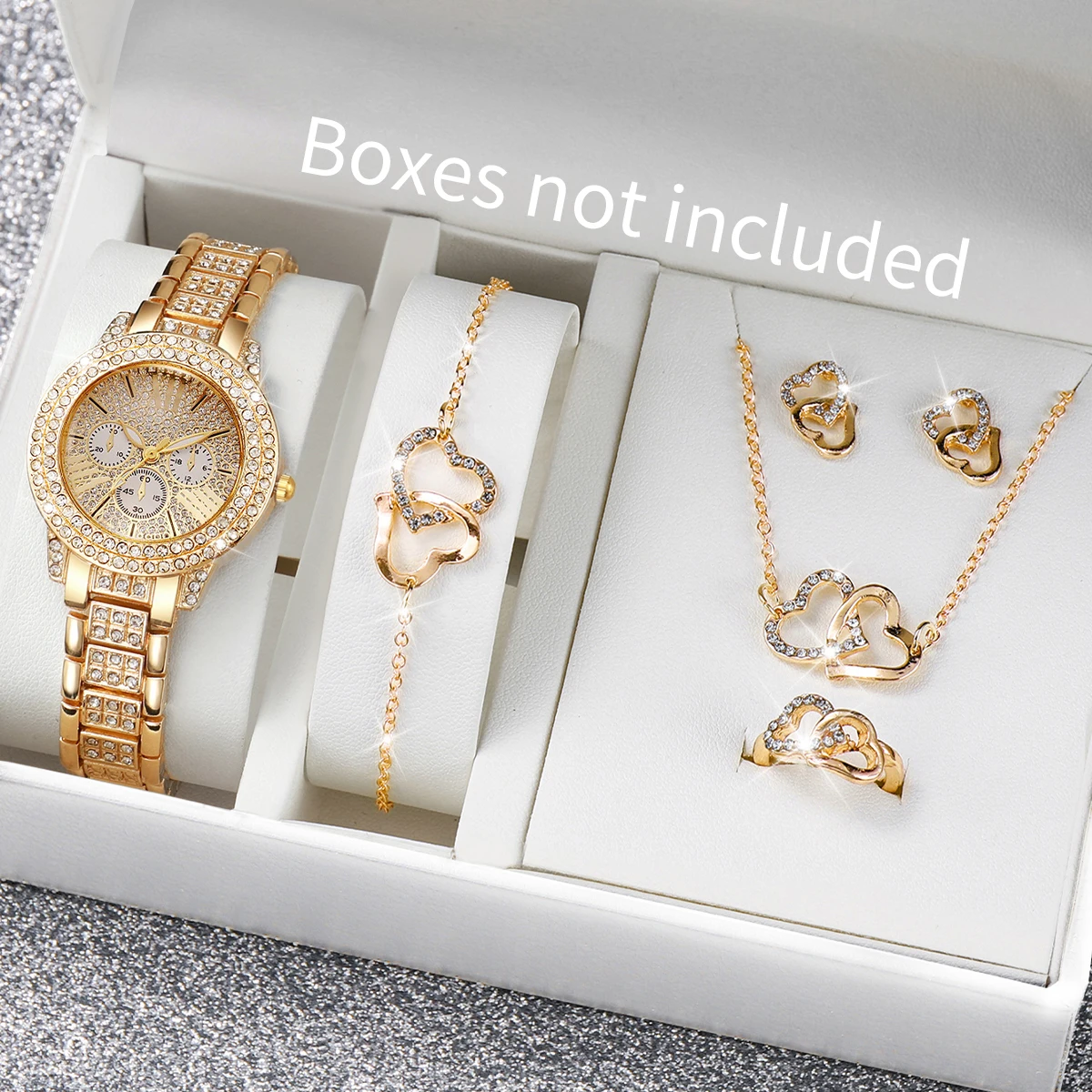 6PCS/Set Luxury Three Eyes Dial Wristwatch Ladies Fashion Full Diamond Alloy Strap Watch With Heart Jewelry Set(Without Box)