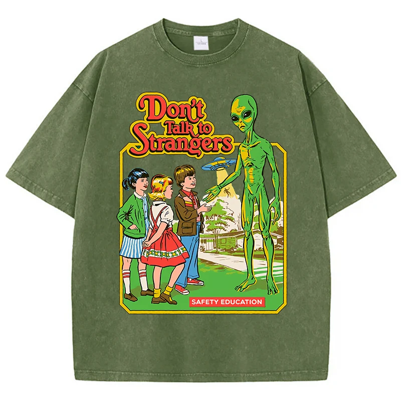 Cartoon Alien Classic Communication Print Women T-shirt Breathable Cotton Short Sleeve Washed Vintage Worn Out Female T Shirts