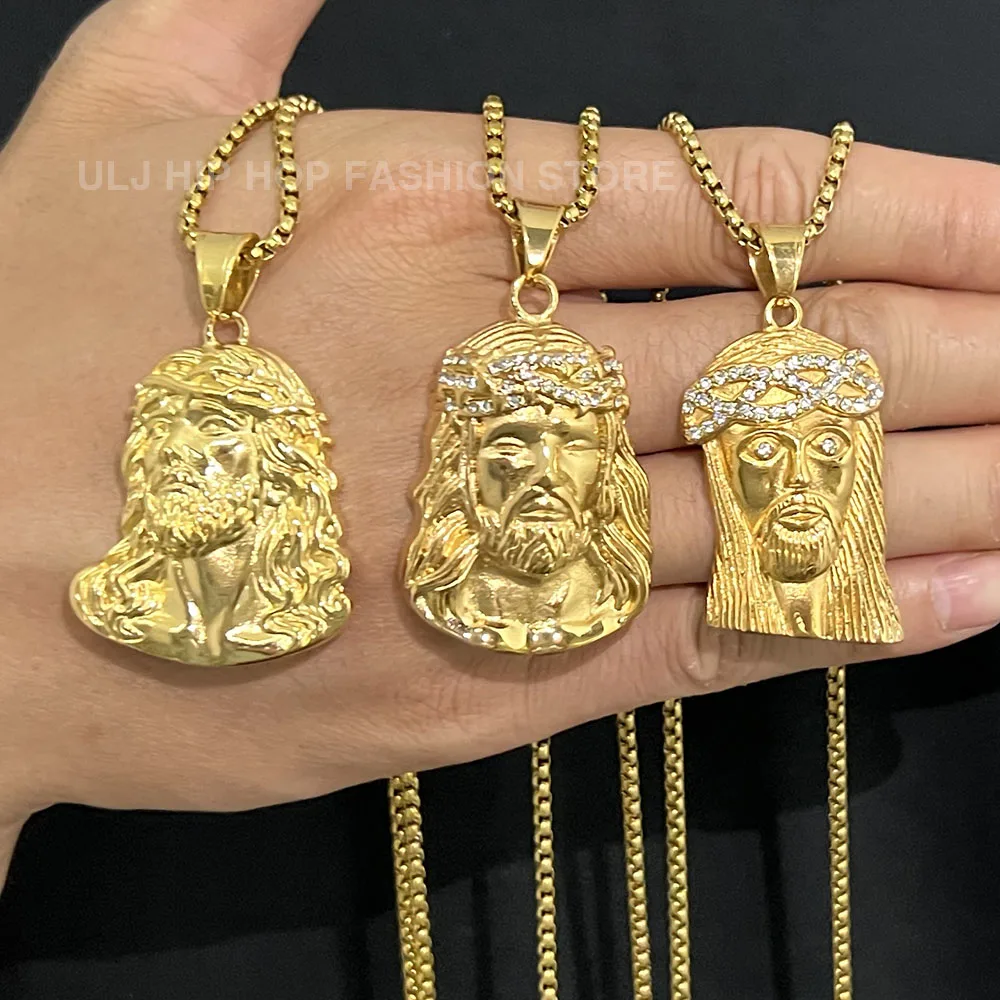 ULJ كلاسيكي جودة عالية الفولاذ المقاوم للصدأ يسوع رئيس قلادة الذهب فضي اللون المرأة رجل سلسلة قلادة الصليب مجوهرات مقاومة للماء