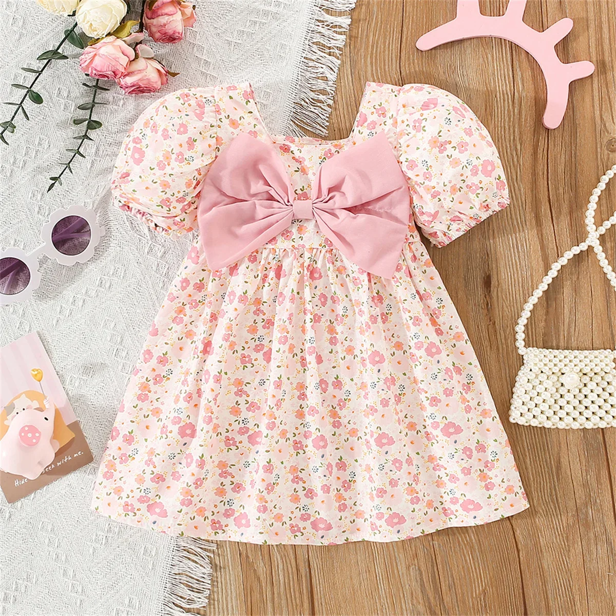 Small Floral Pink Large Bow Baby Dress, New Summer Girl Baby Bubble Sleeve Dress