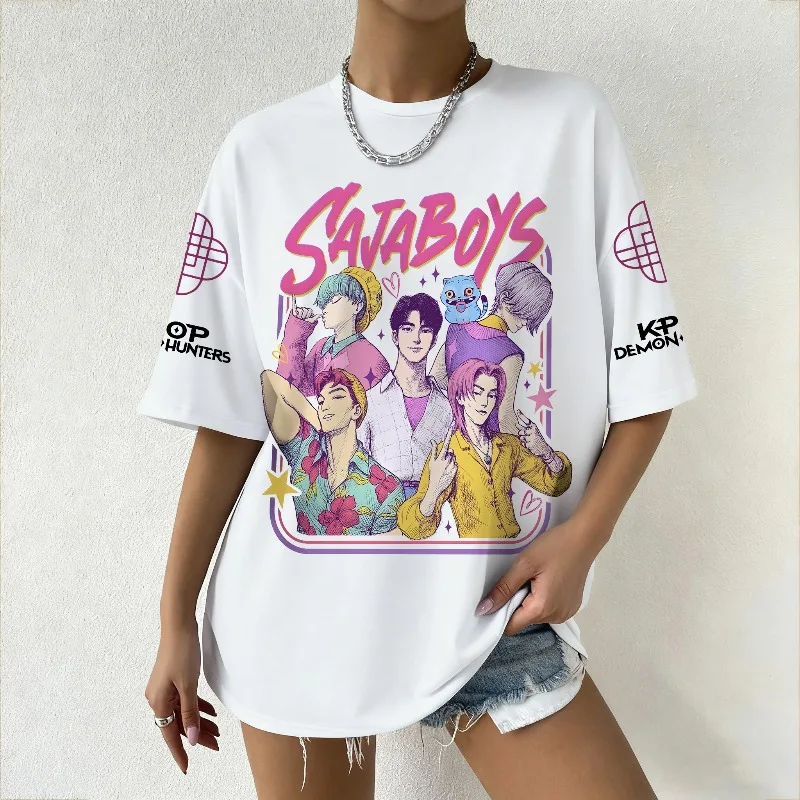 

Женская летняя футболка с рисунком KPop Demon Hunters SAJABOYS, повседневный топ с принтом для модной уличной и повседневной универсальной одежды