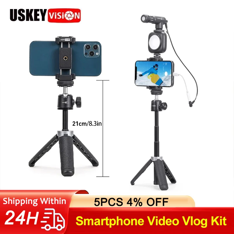 

USKEYVISION Retractable Tripod with Microphone/LED Video Light/Smartphone Clip/Smartphone Video Vlog Kit for Youtube Conference