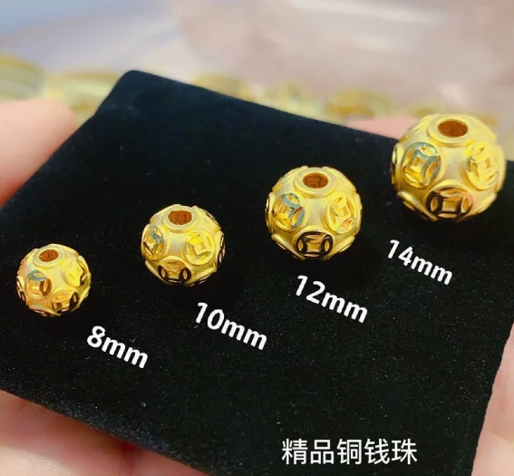 18k real gold beads 8mm coins beads karat gold loose beads  round shape diy handstring