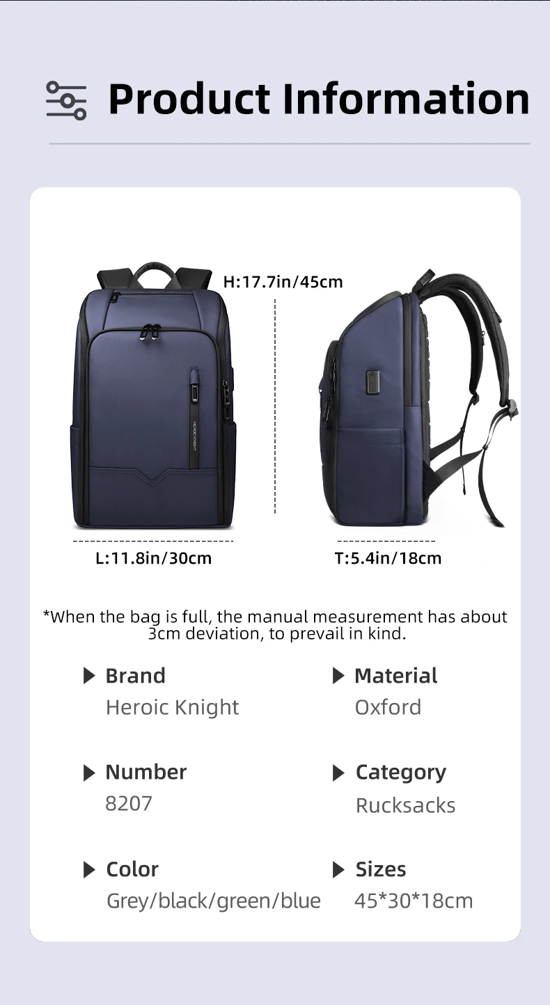 Heroic Knight Minimalistischer Herren-Reiserucksack mit Großer Kapazität, 15,6 Zoll Laptop-Tasche, Wasserdichter Business-College-Rucksack – Detail 11