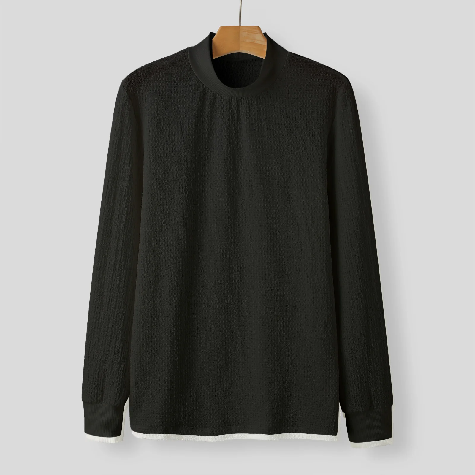 Fall Men\'s Light Luxury Casual Knitted T Shirt Long Sleeve Mock Neck Solid Color Basic Shirt Streetwear Retro Popular Tees S-3XL