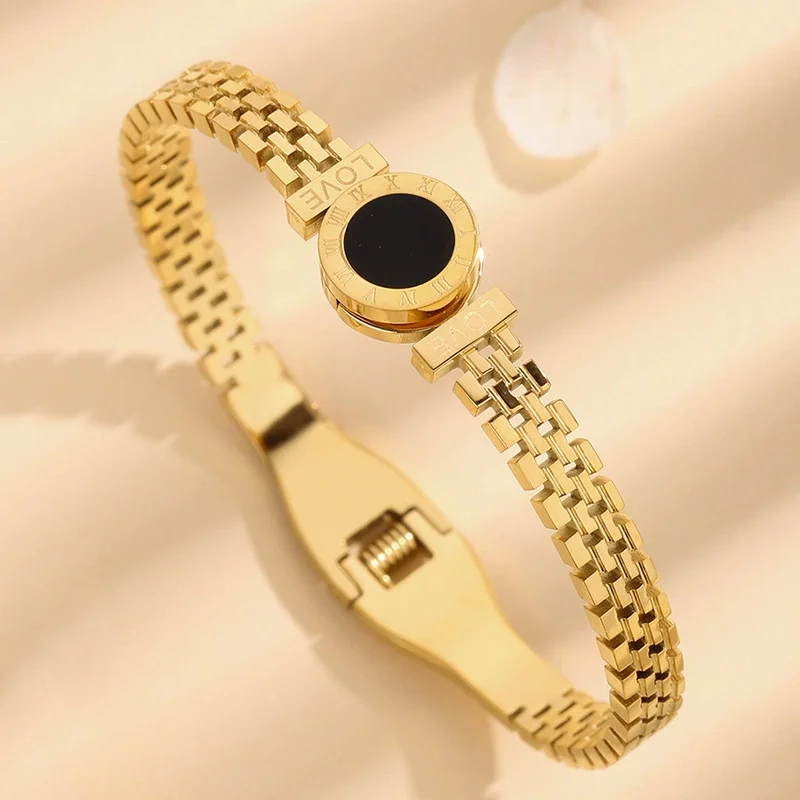Fashion Bracelet For Women Black Acrylic Stainless Steel Couple Bracelet Carved Roman Numerals Girl Gift - Image 8