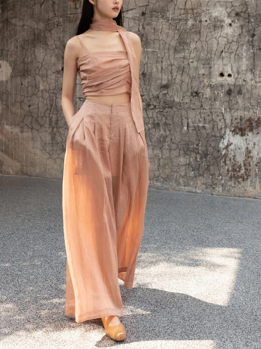 

Linen Wide Leg Pants Walking in Fairy T Pink Rose Color System High Waist Commuter Sle Casual Pants for Ladies