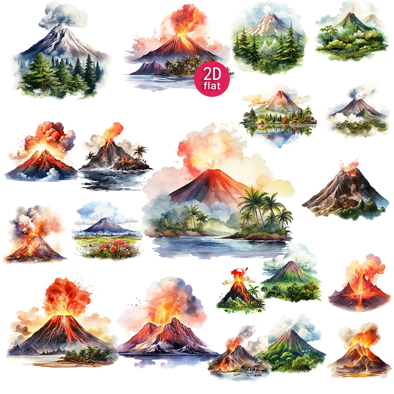 20pcs 2D flat Watercolor Volcano Stickers, Landscape Decorative Decals, Suitable for diaries and DIY scrapbook stickers