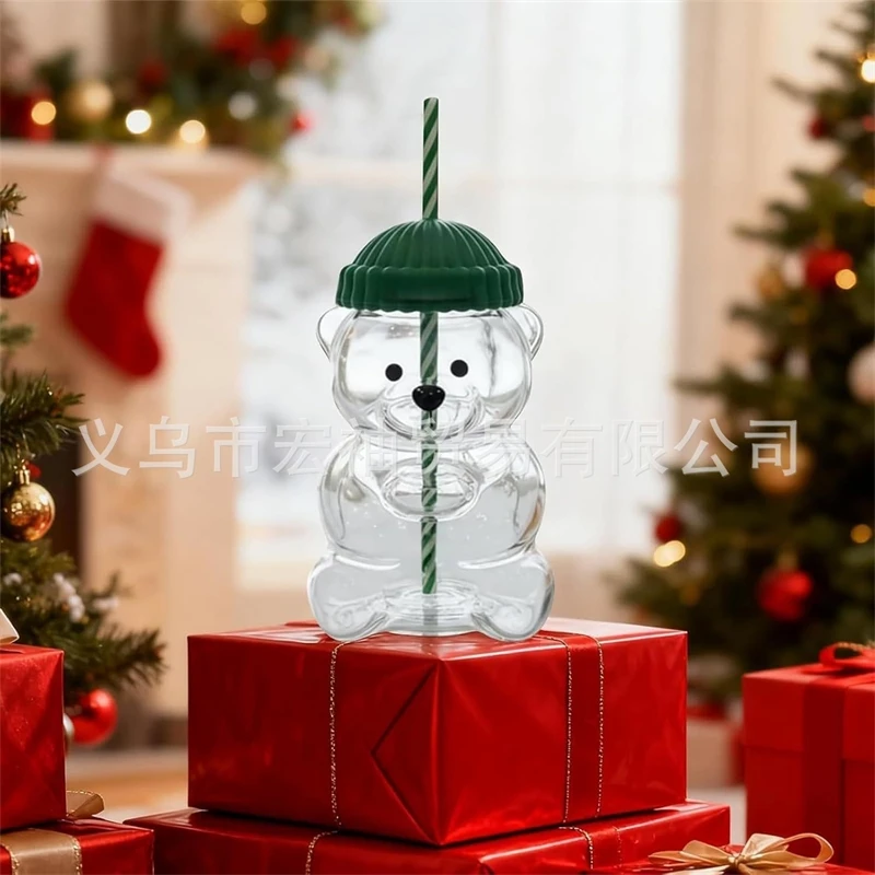 Creative Hot Sale Bear Shape Glass Cup With Straw Coffee Mug Cute Cartoon Creative Glass Juice Cup Tea Cup Drinkware ﻿