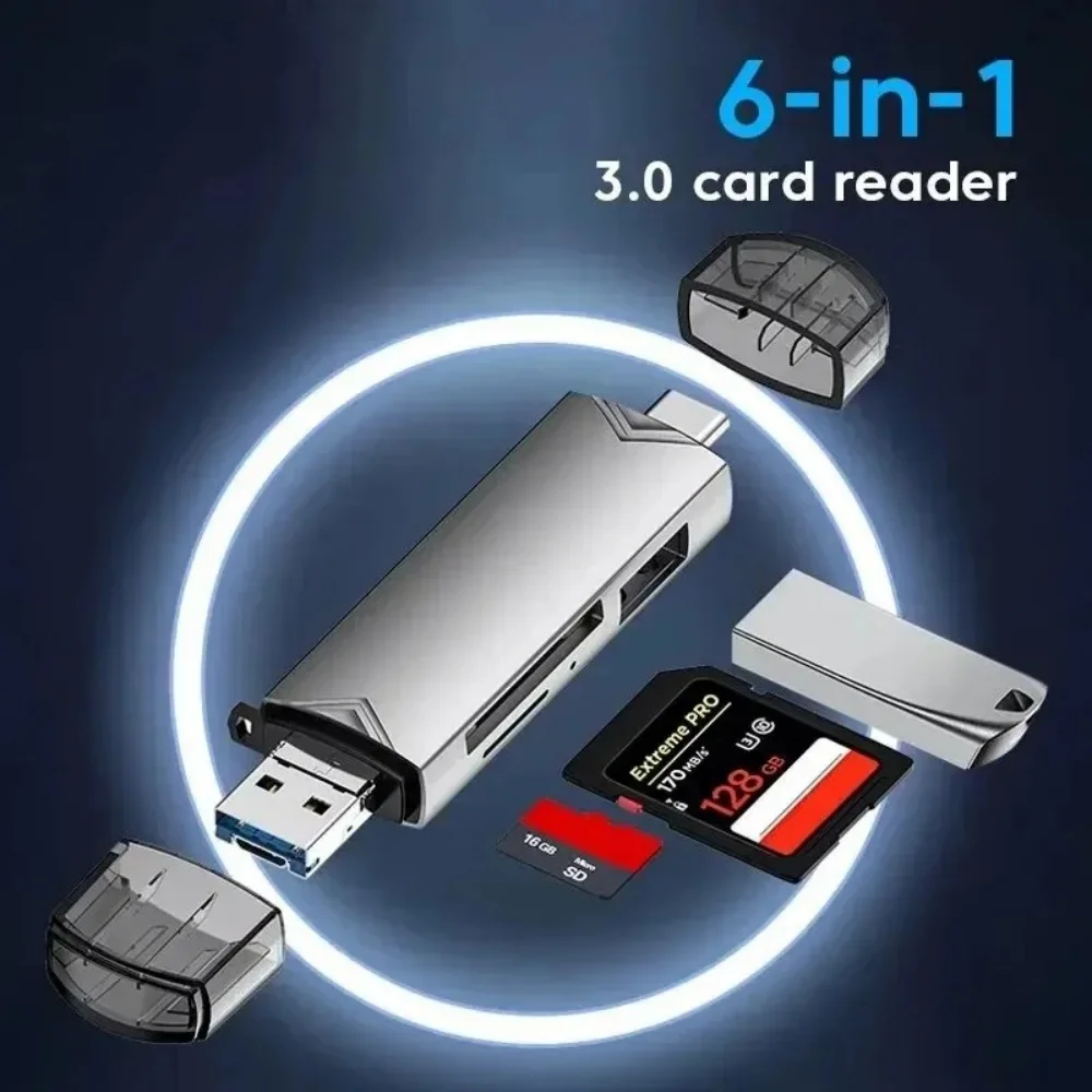6‑in‑1 USB 3.0 OTG Card Reader USB‑C Multi‑Function Adapter for SD TF Mini SD Cards Portable Smart Memory Card Reader for Laptop