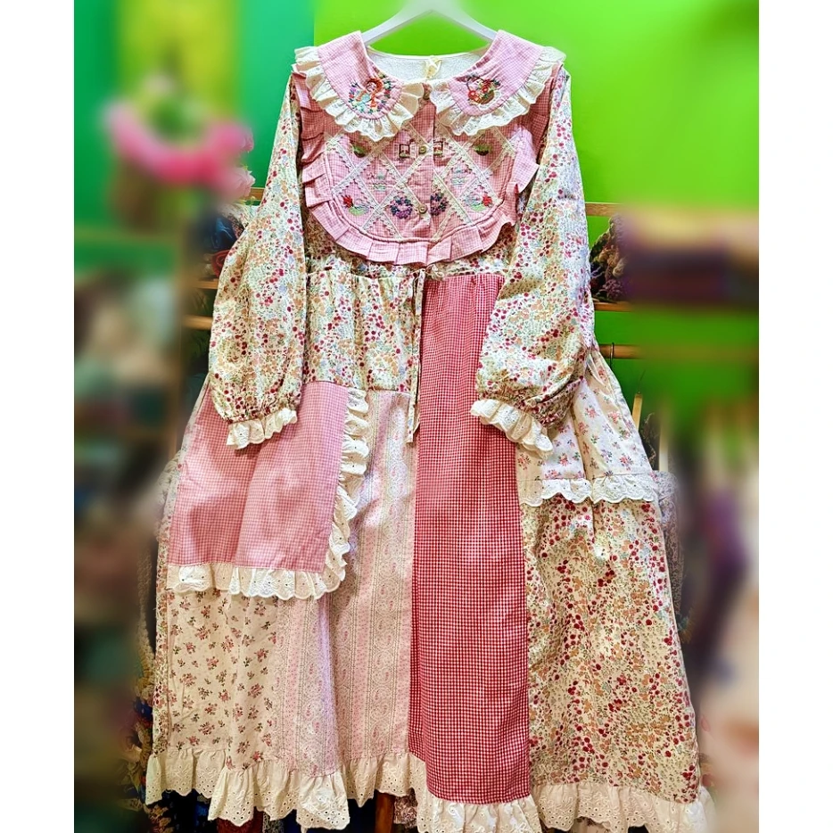 Women Fleece Vintage Ruffled Lace Embroidery Cottagecore Midi Dress Retro Mori Girl Lolita Sweet Rococo Goblincore Long Dress