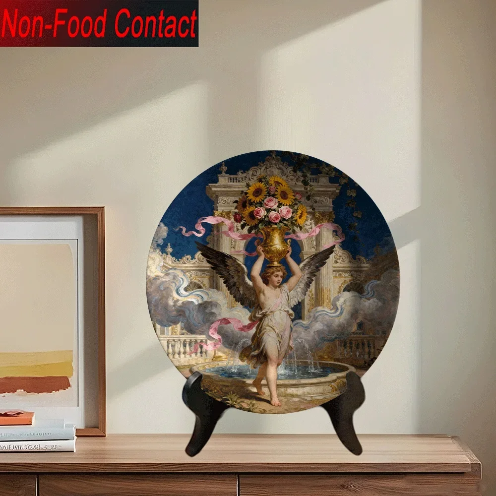 2D 1pc Ceramic Decorative Plate, Angel Flower Vase Fountain Architectural Pattern, Non-Consumable Pure Decorative Home Desktop