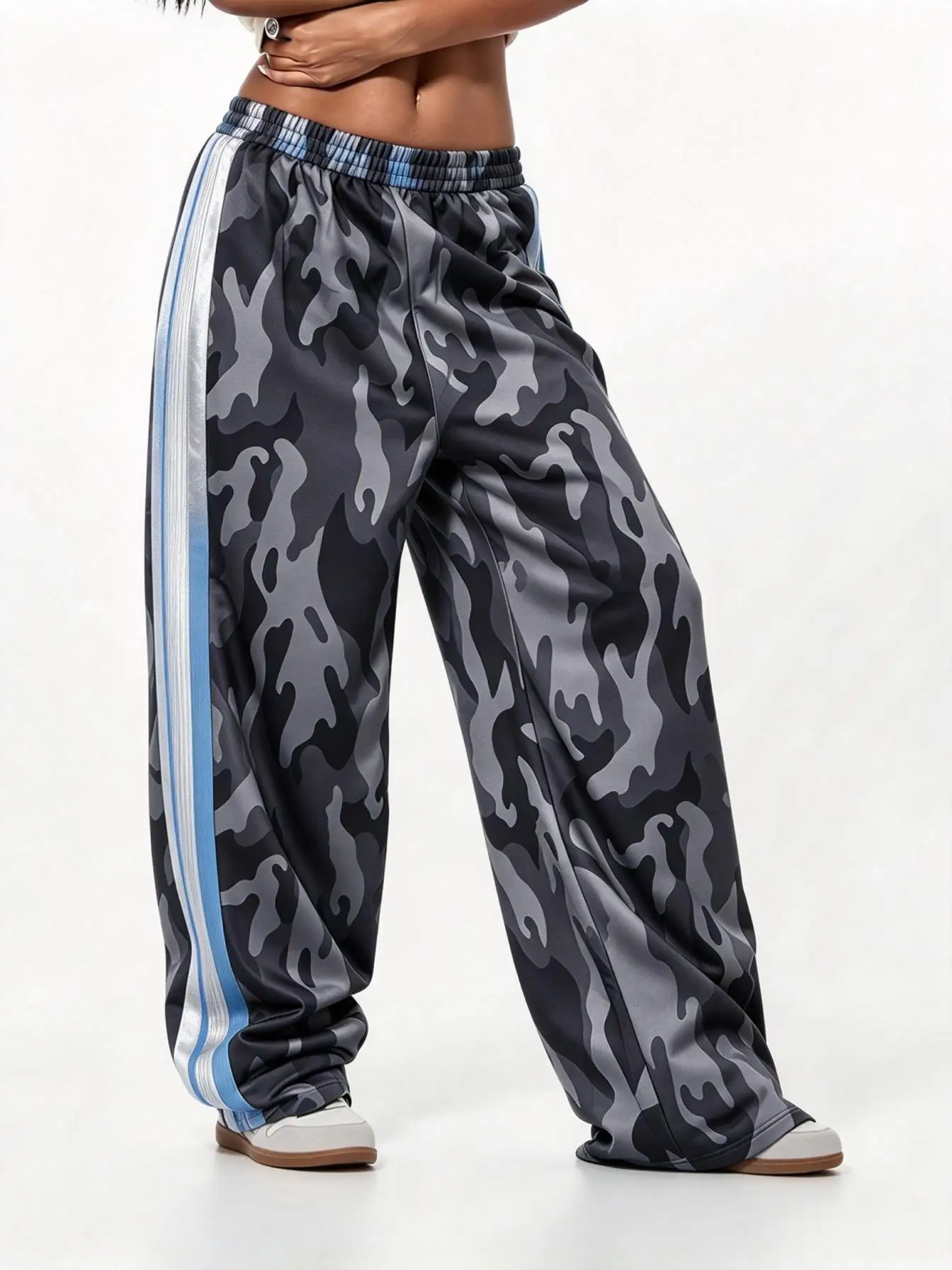 Women Low Waist Wide Leg Sweatpants Camo Full Print Side Color Stripes Elastic Drawstring Loose Street Trousers