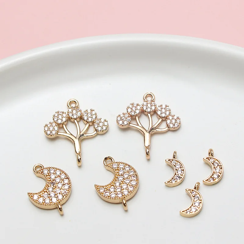 6pcs Copper Inlaid Zircon Moon Snowflake Fish Bone Small Tree Pendant Diy Earrings Bracelet Jewelry Accessories Materials Charms