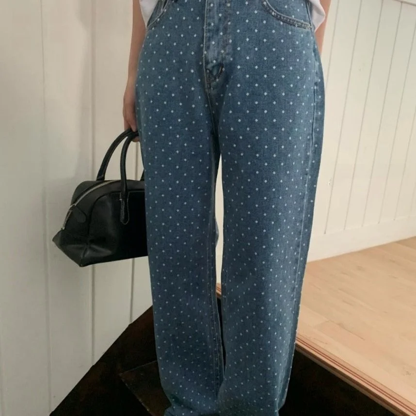 

High Waist Polka Dot Straight Leg Retro Denim Jeans Women's Dongda Gate Spring HT Blue Vintage Cheered Trousers for Women