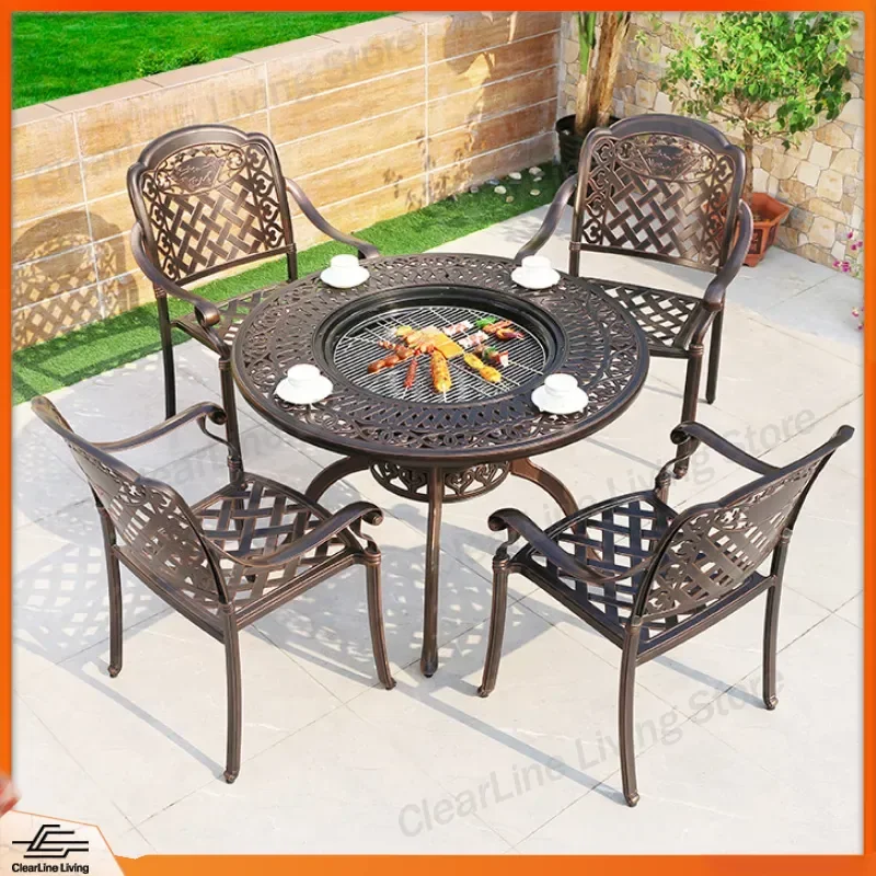 Cast Aluminum Outdoor Dining Table and Chairs Set Dual Purpose BBQ Table for Courtyard Garden Camping Activities