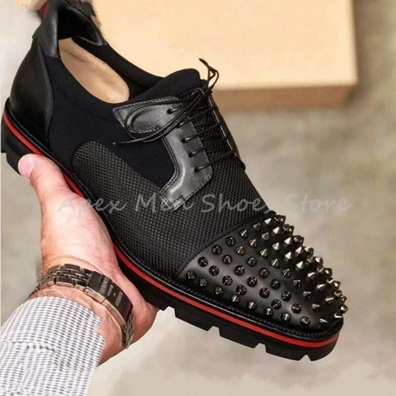 

Luxury Men's Lace Up Spiked Oxford Shoes Casual Leather Mesh Metal Rivet Decor Derby Shoes Trendy Business Formal Shoes Autumn
