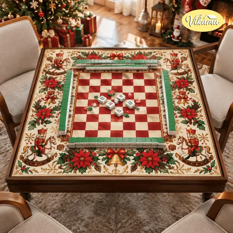 VIKAMA Christmas Mahjong Mat Plaid Nutcracker Rocking Horse Washable Folding Mahjong Tablecloth Table Pad Xmas Home Decor