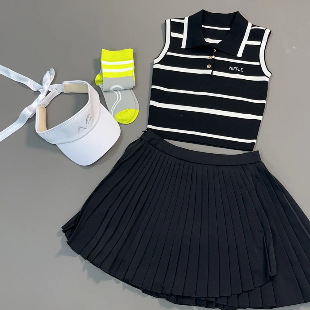 Summer Sleeveless Knitted Fashionable Sports Casual Outdoor Tennis Suit, High-quality Golf Breathable Sweat Wicking Set Skirt