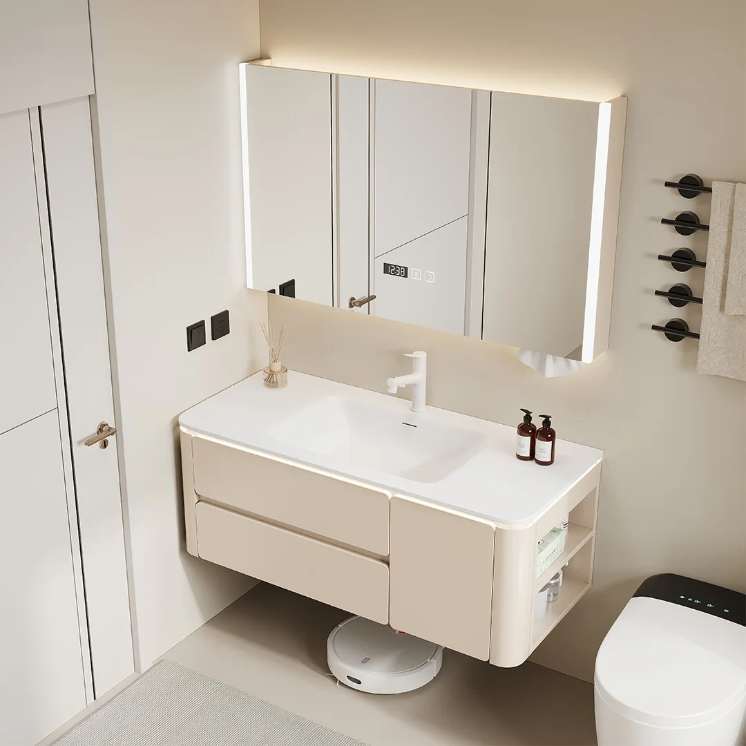 Integrated Basin Bathroom Cabinet Cream Wind Toilet Wash Table Oak Cream Wind Ceramic Washbasin