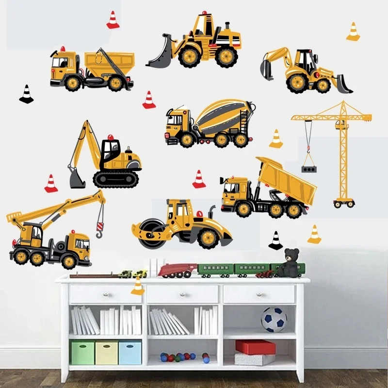 Cartoon Excavator Construction Wall Decals Baby Boy Nursery Kids Room Stickers