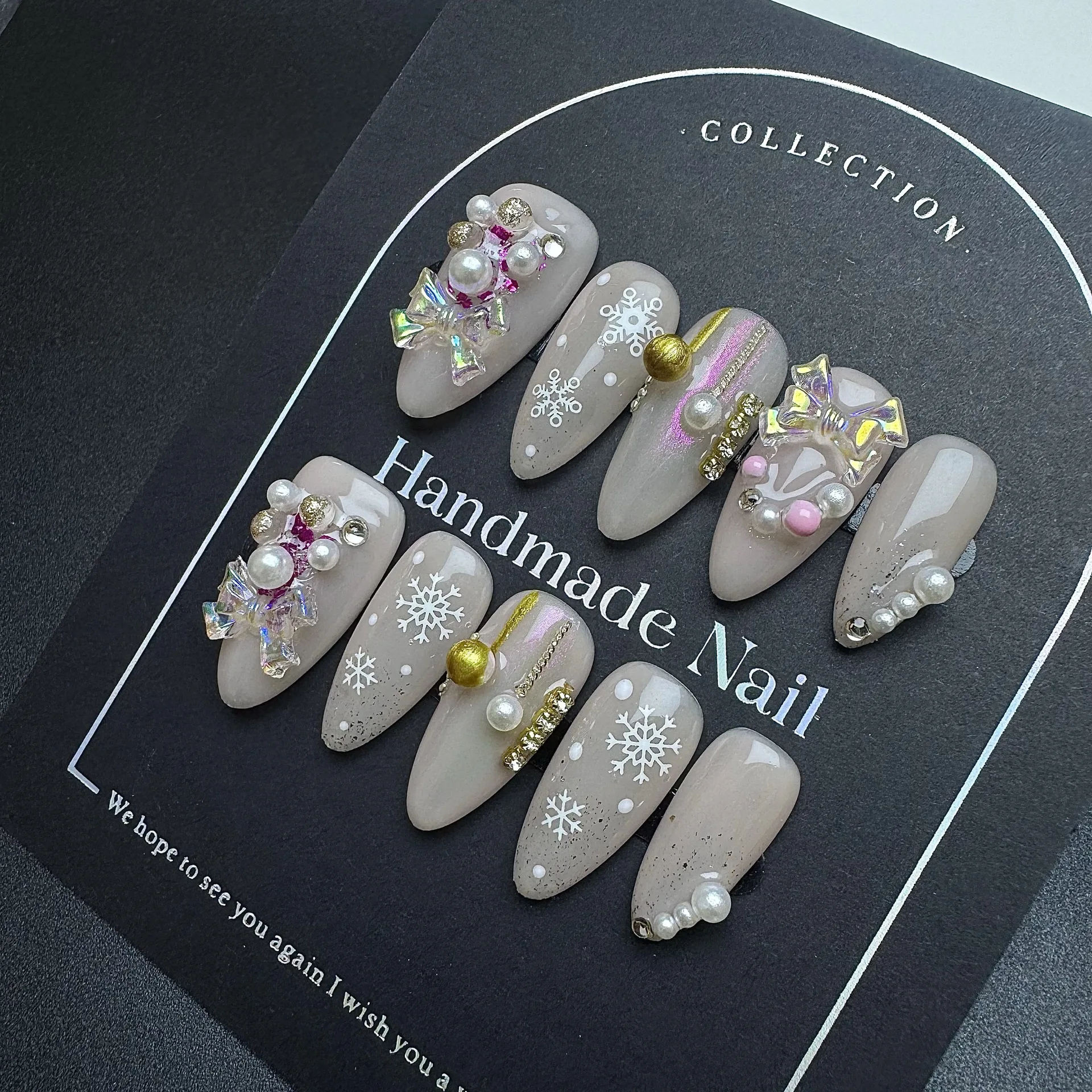 10 stuks handgemaakte pers op nagels kerst amandel naakt nepnagels draagbaar 3D kleurrijke strik parel bal ontwerp Y2k kunstnagels