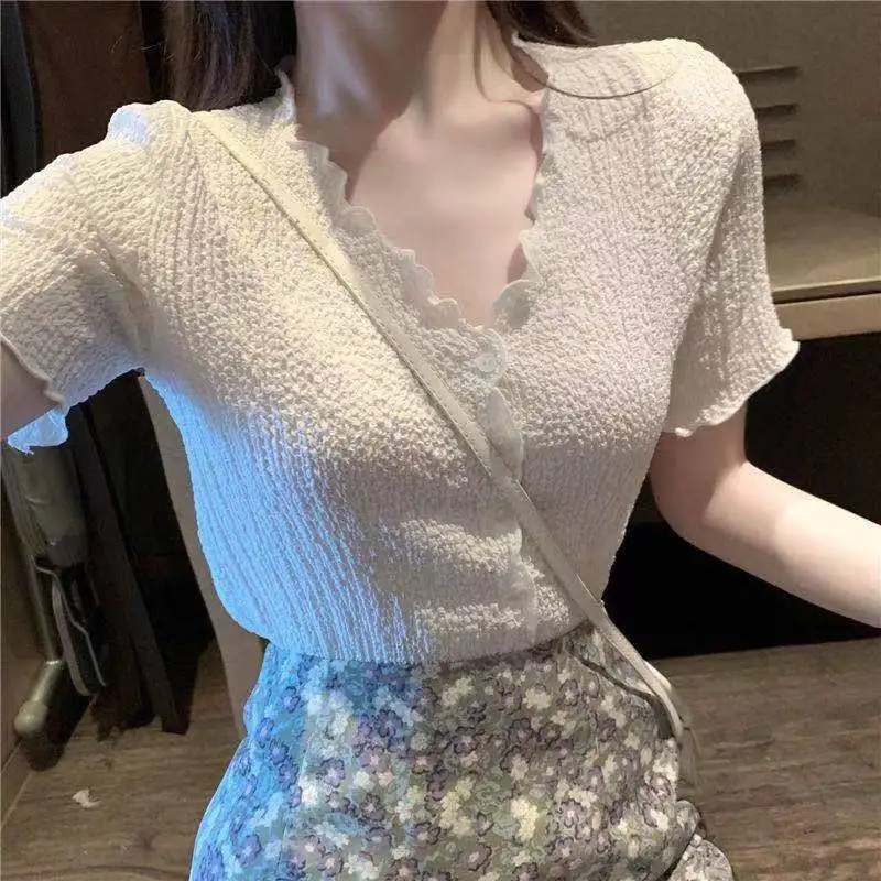 Summer Fashion V-neck Purple Blouse Women New Style Pleated Western-style Lace Short-sleeved Chiffon Shirt Woman Tops