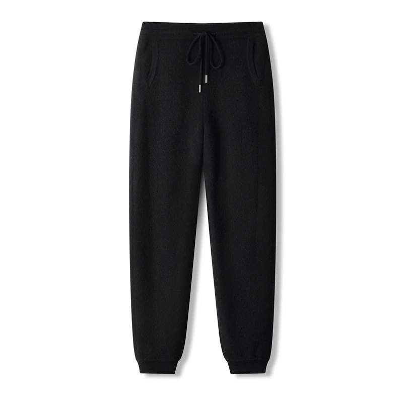 Outono inverno masculino 100% lã merino cintura elástica grosso algemado tornozelo calças compridas com bolsos esportes elegantes calças de malha quente