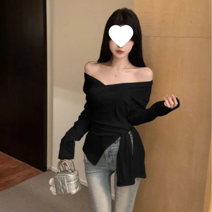 Women's Long Sleeve Crop Top Waist Cinched Asymmetrical Hot Girl Collar Base Shirt Inner Beauty Pure Desire Autumn Fashion
