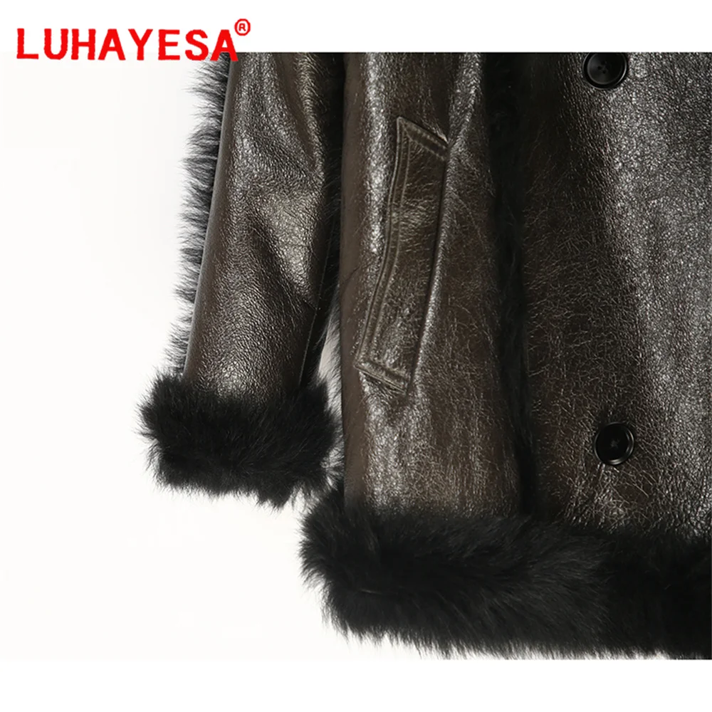 2024 New Tuscany Fur Women Fashion Dark Green Thicken Real Fur Coat Winter Genuine Leather Natural Fur Overcoat