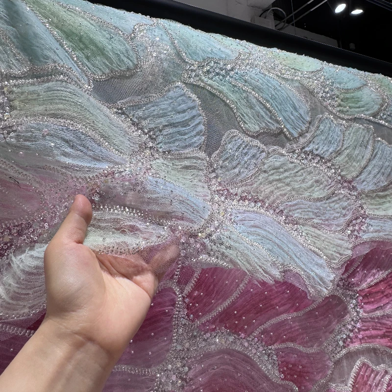 L100XW130CM Beaded Sequin Embroidered Fabric Floral Pearl High End Luxury for Wedding Dress Qipao Designer Bridal DIY Sewing