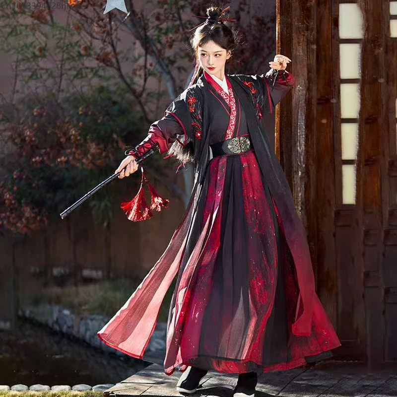 

Классическое черно-красное платье ханьфу с вышивкой для мужчин и женщин, традиционная юбка династии Сун, древняя история, фехтовальщик, костюмы для косплея