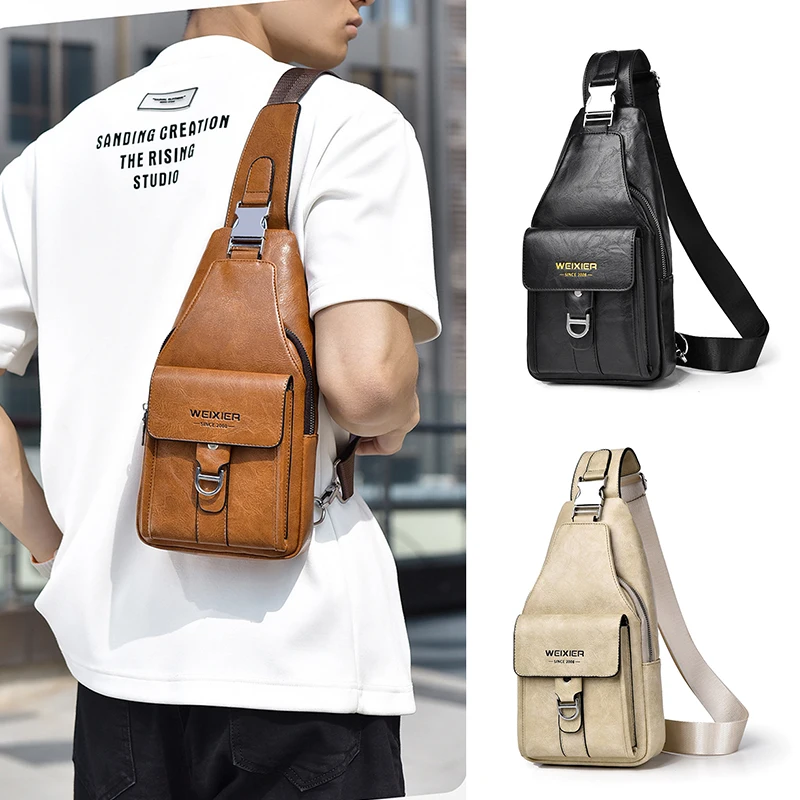 

Men'S Chest Bag Wallet PU Leather Fashion Backpack Mini Sling Small Chest Pack Cross Shoulder Side Waist Knapsack Bag Male