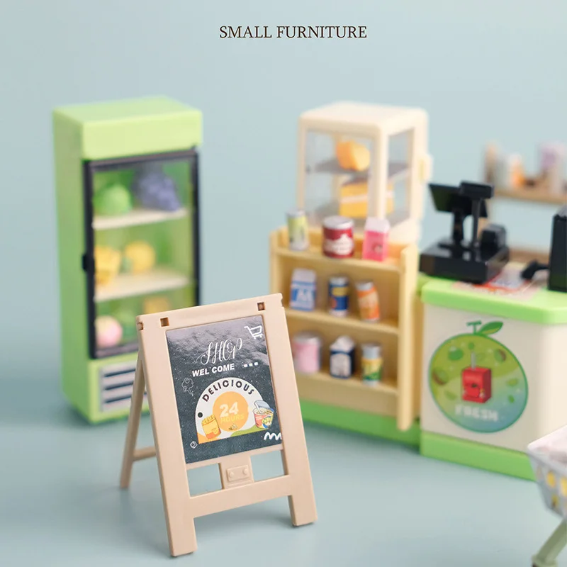DIY escena en miniatura montaje modelo a juego Mini tienda de conveniencia caja registradora carrito de compras estante juguetes para jugar a las casitas para niños