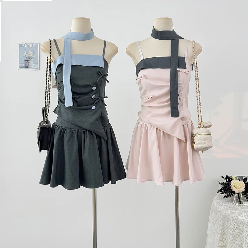 

Hot girl pure desire irregular bow splicing camisole vest anti glare A-line short skirt women in summer 2025 sweet set