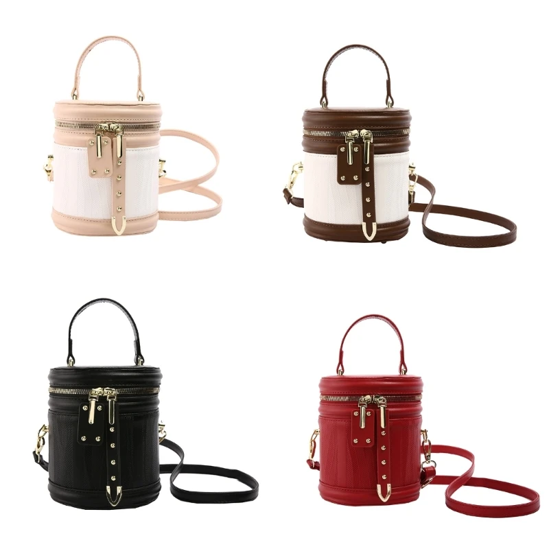 

Fashion PU Leather Shoulder Bag Cylinder Bag Adjusted Crossbody Bucket Handbag