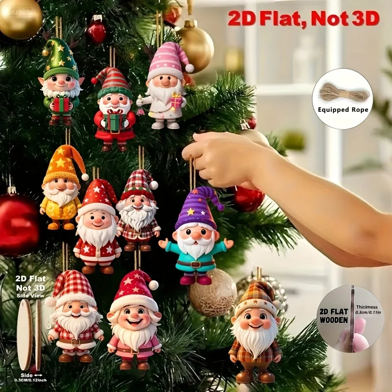 2D flache 10 Stück bunte Weihnachtszwerg-Ornamente aus Holz zum Aufhängen mit festlichen Outfits, Weihnachtsmann-Party-Dekoration