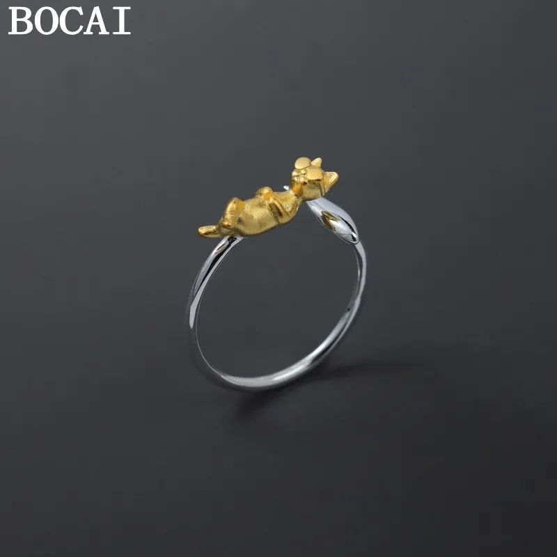 

BOCAI NEW S925 Sterling Silver Cute Buddha Style Take A Break Carefree Cat Open Ring Ladies' Gift