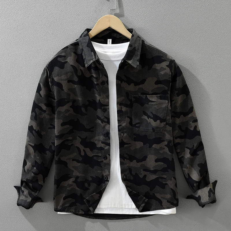 

2026, весенне-осенние новые винтажные хлопковые мужские рубашки с длинными рукавами и принтом, уличная одежда с мягким отложным воротником