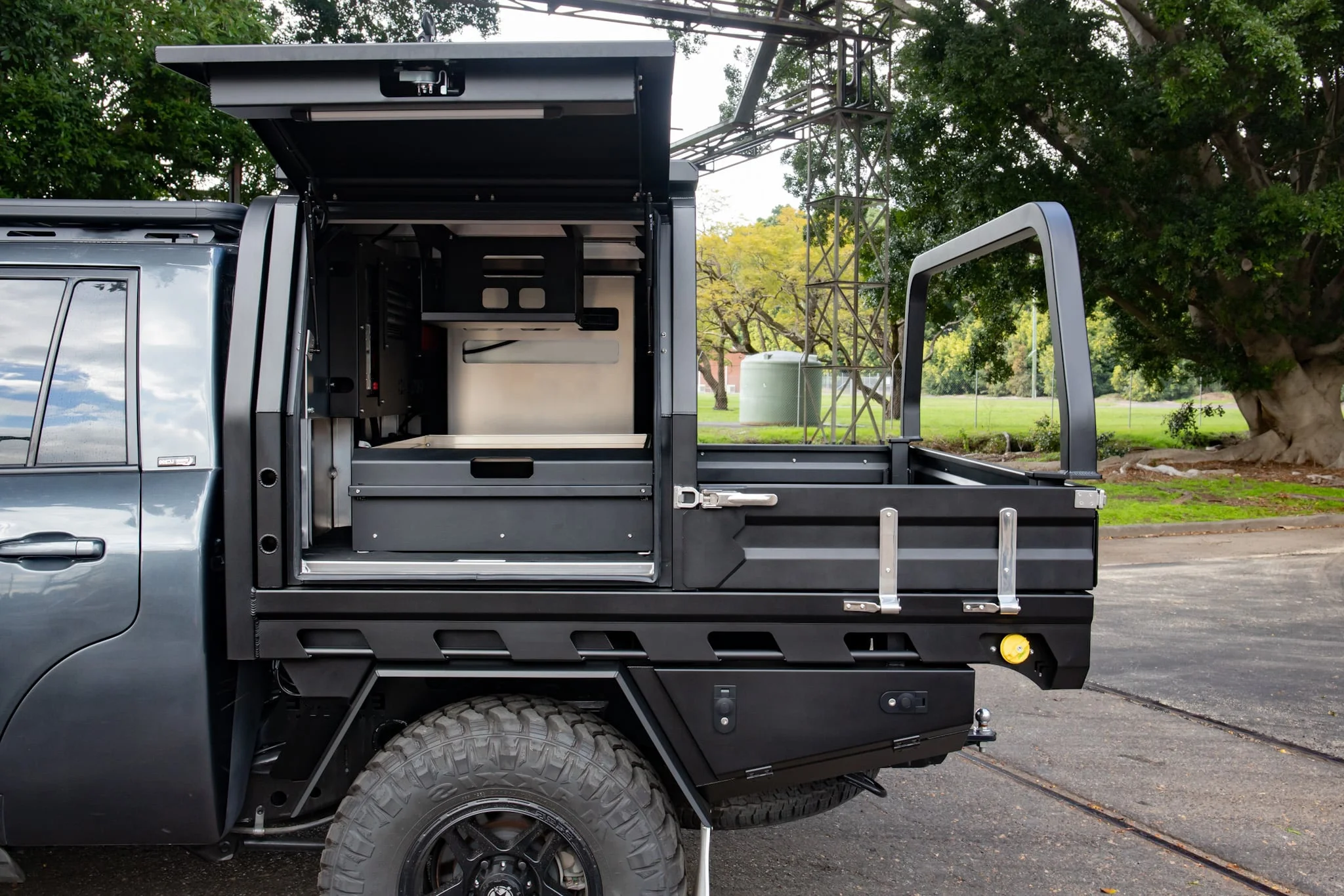 Ute Canopy and Tray for Camping Aluminium Toolbox with Kitchen Fridge Pantry and Roof Rack