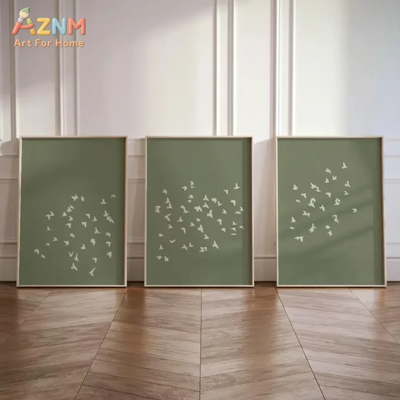 AZNM Minimalist Three Groups of Birds and Animals Canvas Japanese Green Wall Art Posters for Modern Living Room Home Decor