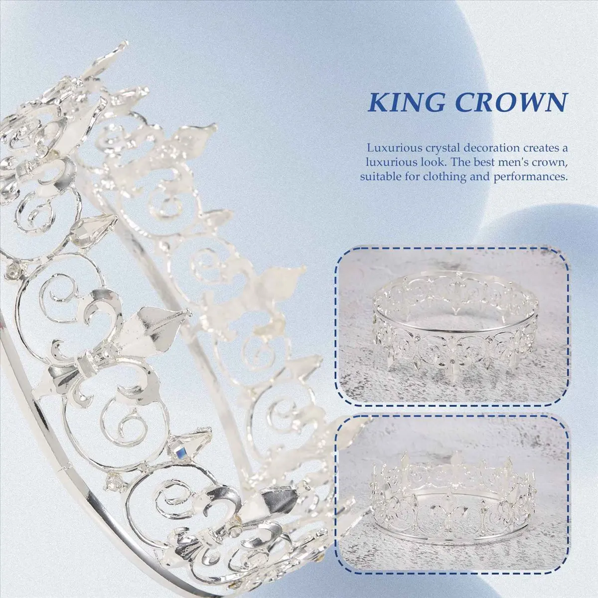NOCM Royal Crown for Men - Metal Prince Crowns and Tiaras, Full Round Birthday Party Hats,Medieval Accessories (Silver)