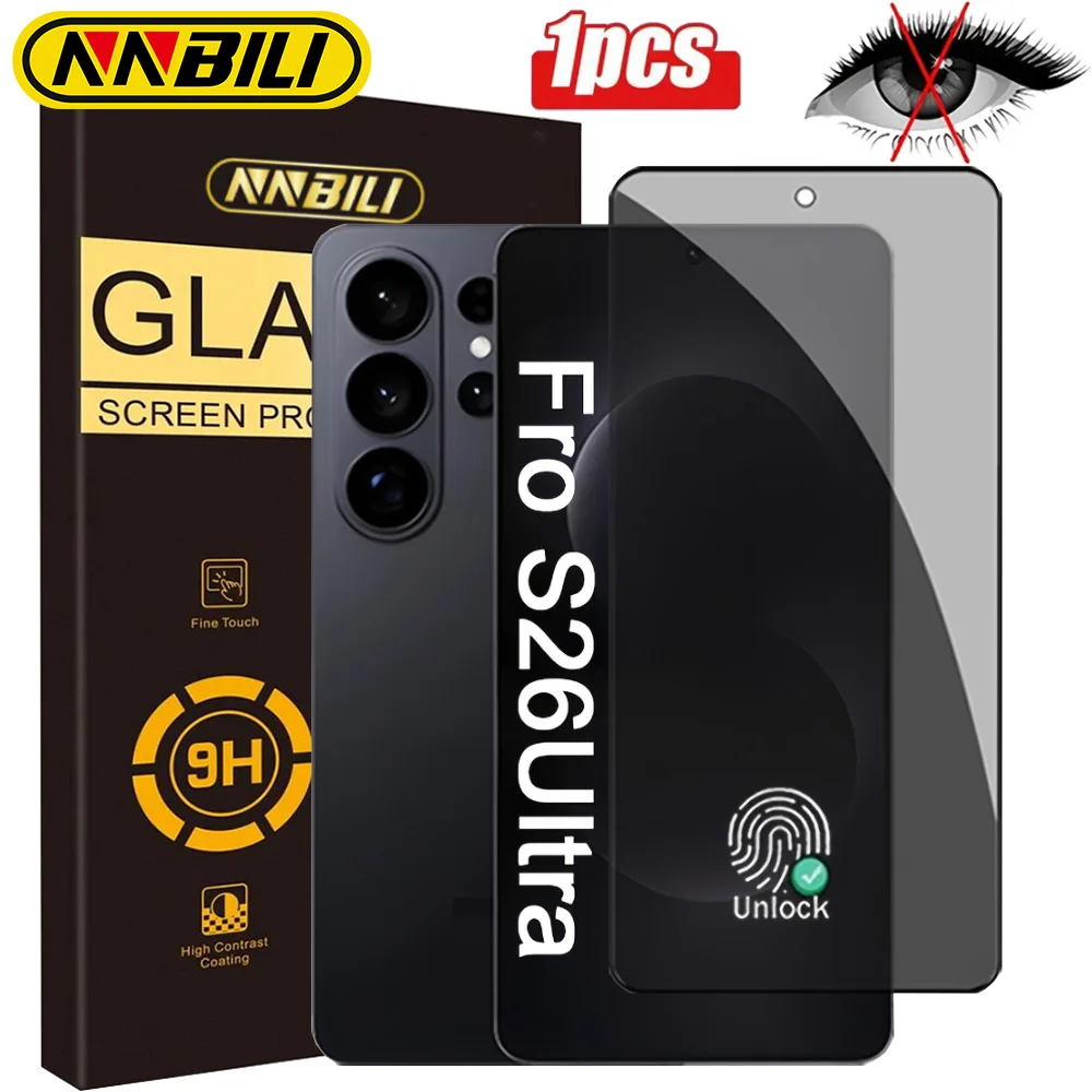 

Закаленное стекло NNBILI для Samsung Galaxy S26 Ultra S26 + Plus, разблокировка отпечатков пальцев, антишпионская защитная пленка для экрана S26 Glass