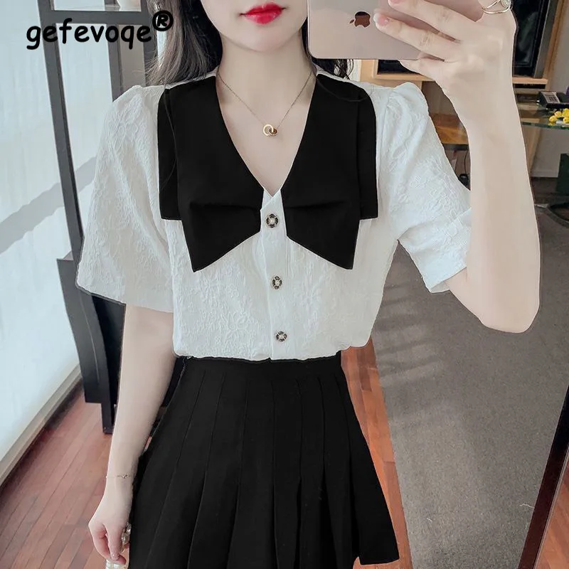 Estate coreano dolce manica a sbuffo pulsante Chic bordare camicetta Casual All-match top elegante abbigliamento femminile piccole camicie di